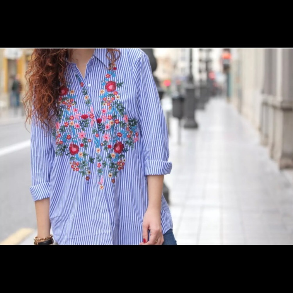 Zara pinstripe floral shirt oversize S embroidered